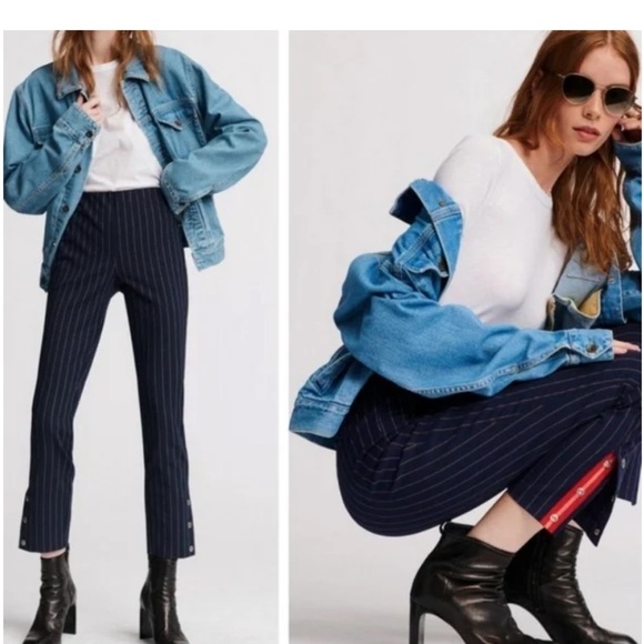 Rag & Bone Navy “Simone” Snap Ankle Pants With Red/White Pinstripes Size 2 EUC - Picture 2 of 13